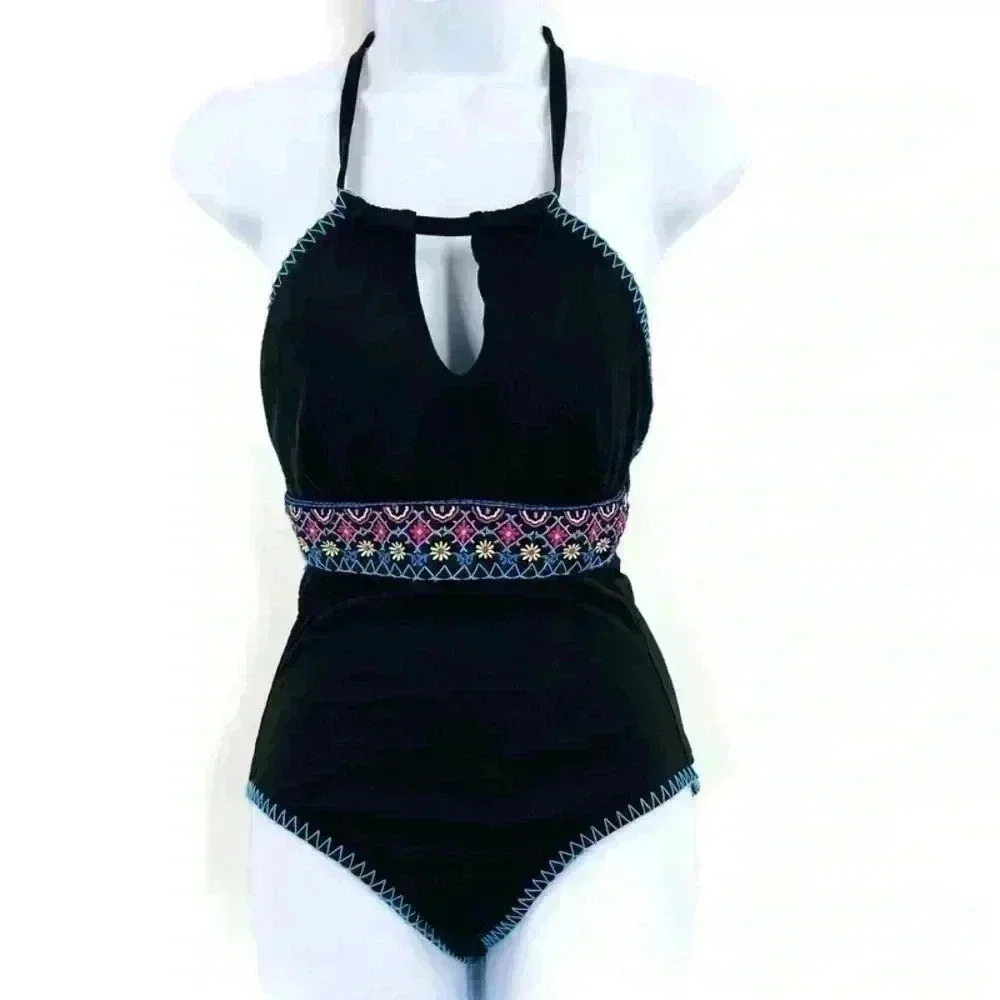 Apt.9 Black Halter Embroidered Bathing Suit Size S